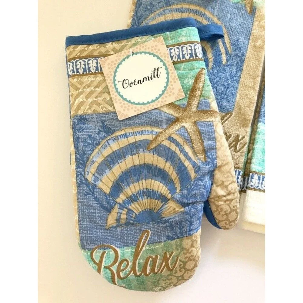 Shells Starfish Kitchen Dish Towels Oven Mitt Potholder Set of 4 Beach Summer